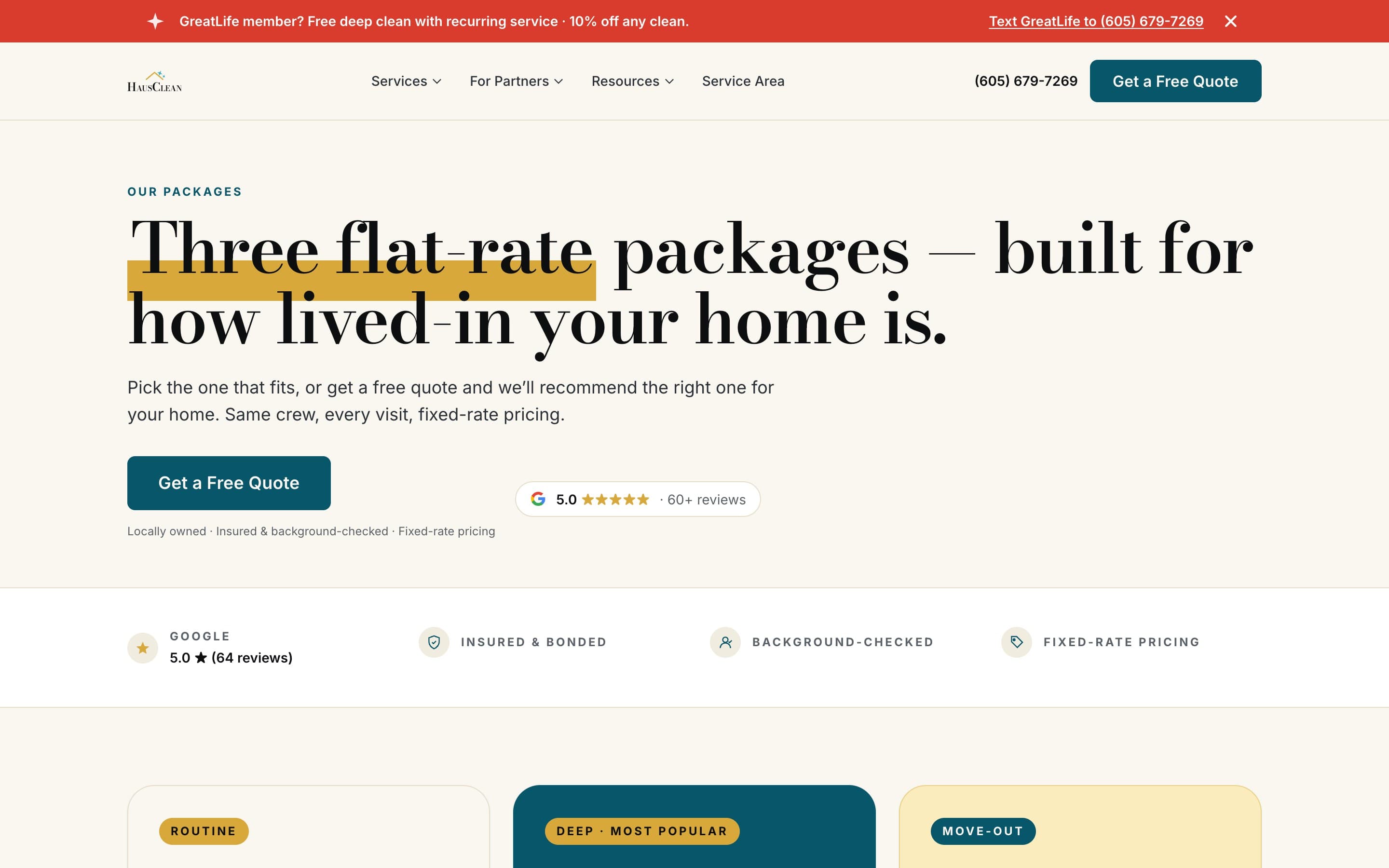 HausClean — Services page — every cleaning offering presented with fixed-rate pricing up front instead of the "contact for quote" wall the old site hid behind.